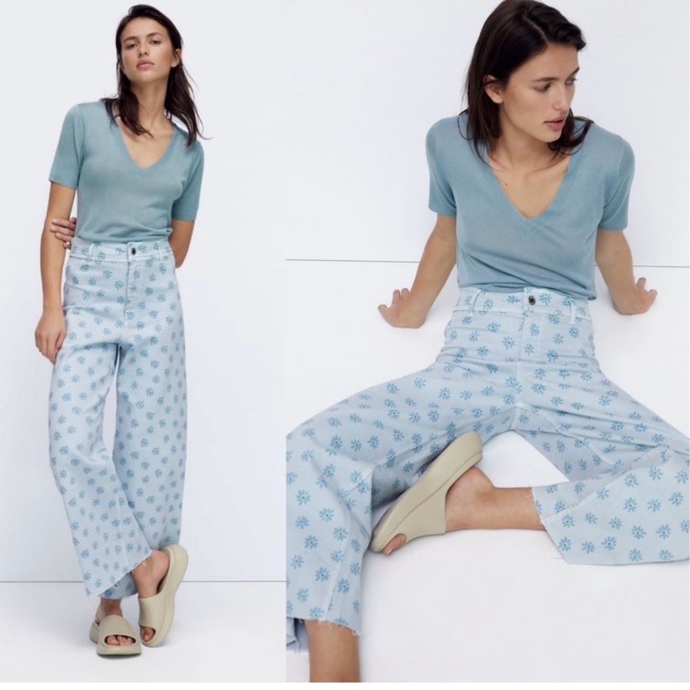 Zara Light Blue Marine Floral High Rise Jeans size 6 - Picture 8 of 10
